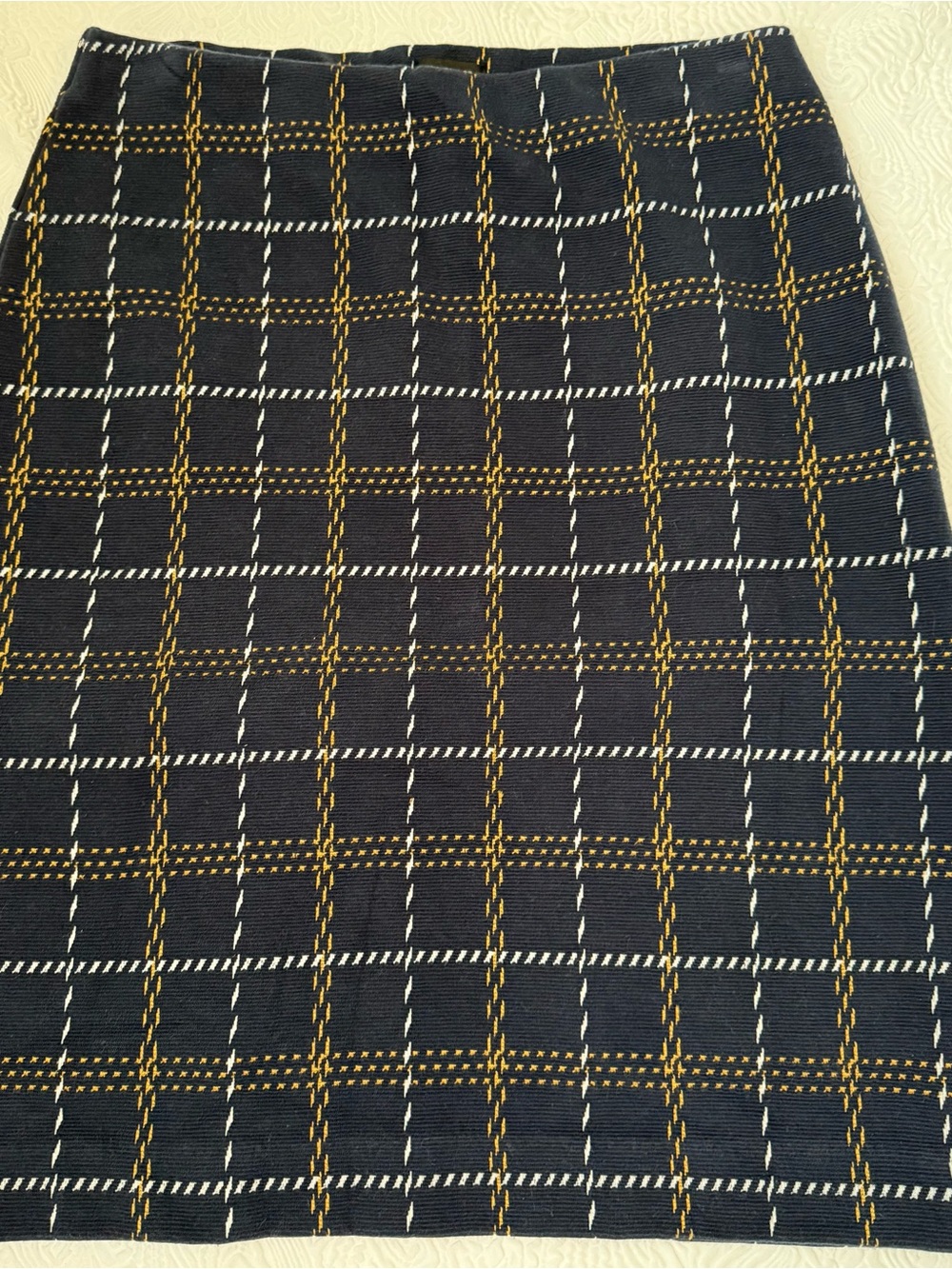 Ann Taylor Factory Navy Plaid Knit Pencil Skirt with Gold & White Stitching